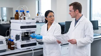 Two professionals in lab coats analyzing HPLC column setup