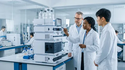 Scientists working with HPLC equipment for system suitability testing