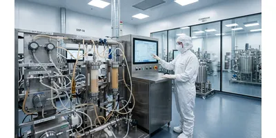 A gowned scientist operates a touchscreen on a multicolumn chromatography skid for continuous bioprocessing inside an ISO 7 biopharmaceutical cleanroom.