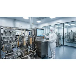 A gowned scientist operates a touchscreen on a multicolumn chromatography skid for continuous bioprocessing inside an ISO 7 biopharmaceutical cleanroom.