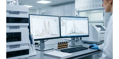 A laboratory scientist reviews overlapping SEC chromatogram traces and a mass spectrum on dual monitors at a biopharmaceutical characterization workstation.