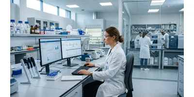 A scientist in a laboratory reviews LIMS data dashboards on dual monitors, with analytical instruments and sample vials visible in the background.