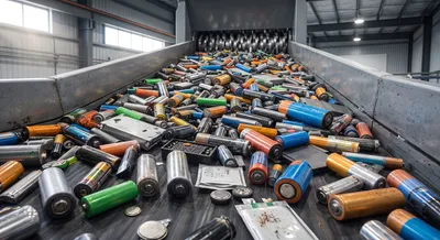 Lithium-ion batteries on a conveyor belt for recycling