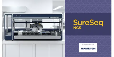 The Hamilton NGS STAR MOA automated liquid handling platform displayed alongside the SureSeq NGS branding, illustrating NGS library preparation automation for high-throughput clinical research workflows.