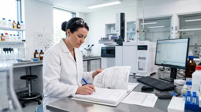An analyst reviewing GC method validation documentation at a laboratory bench with a gas chromatograph in the background.