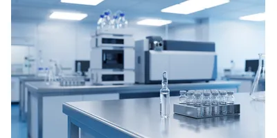 A clear glass ampul and a rack of 2mL autosampler vials, containing a PFAS water testing standard, sit on a stainless steel laboratory benchtop with an LC-MS system softly blurred in the background.