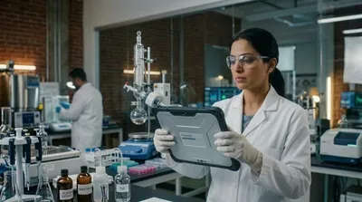A female food scientist in a white lab coat and safety glasses stands in a modern R&D laboratory, holding a rugged tablet computer showing a processing screen. Various laboratory equipment and labeled bottles are on the bench in front of her, and another scientist works in the background.