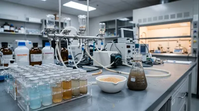 Laboratory bench showing wastewater sample vials, granular MOF adsorbent powder, and dark turbid industrial effluent in a flask for heavy metal removal research.