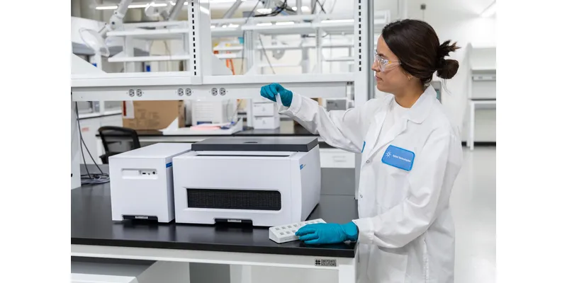 Agilent Technologies scientist using a bench-top UV-Vis spectrophotometer in the new Boulder, Colorado oligonucleotide manufacturing laboratory.