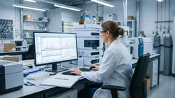 An analytical scientist reviews overlaid mass spectra and chromatographic traces on a laboratory workstation monitor.