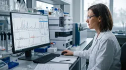 An analytical chemist reviewing a GC-MS spectrum and library match result on a laboratory computer monitor.