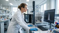 An analytical scientist examining co-eluting GC peaks on a laboratory monitor, with a gas chromatograph instrument in the background.