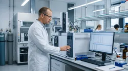 An analytical scientist in a white lab coat adjusting GC-MS instrument controls while reviewing chromatogram data in a modern analytical chemistry laboratory.