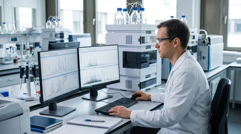 An analytical scientist reviewing LC-MS chromatogram data on a computer monitor in a modern analytical laboratory.