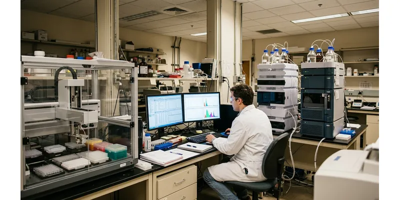 A scientist in a white lab coat reviews chromatographic data on dual monitors beside an LC-MS instrument stack and automated sample handling platform.